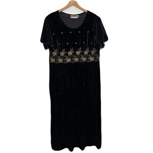 vtg 80s Black Velvet Midi Dress Sz L Gold Metallic Embroidery Whimsigoth Cottage